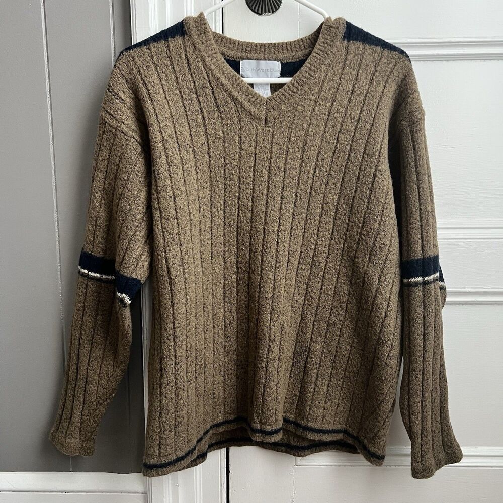 Vintage 90s NorthWest Blue Men’s V-Neck Wool Sweater Brown/Navy Blue/White - M